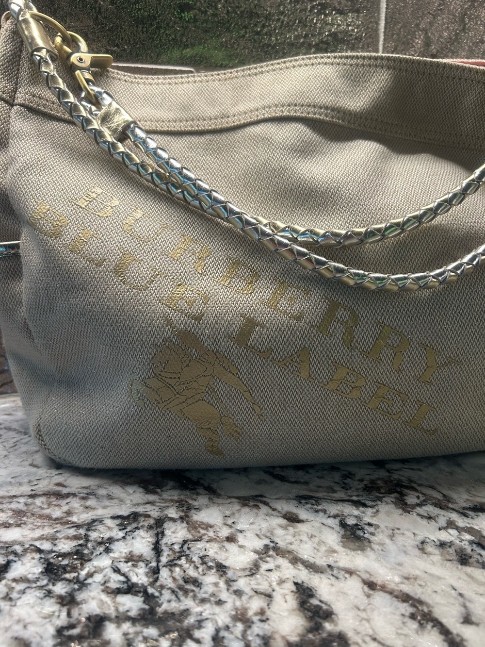 Burberry Taupe Canvas Shoulder Bag with Gold Logo and Braided Strap - Picture 4 of 15